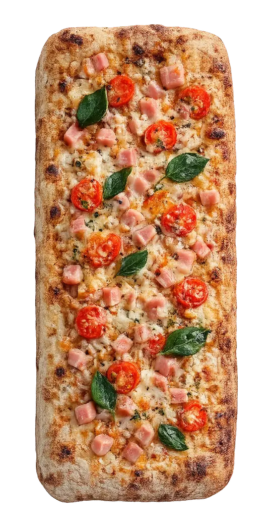 Pizza retangular DOCA Barcelona com presunto e tomatinho