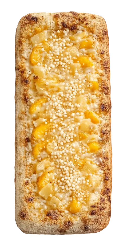 Pizza retangular doce DOCA Honolulu com pêssego e abacaxi