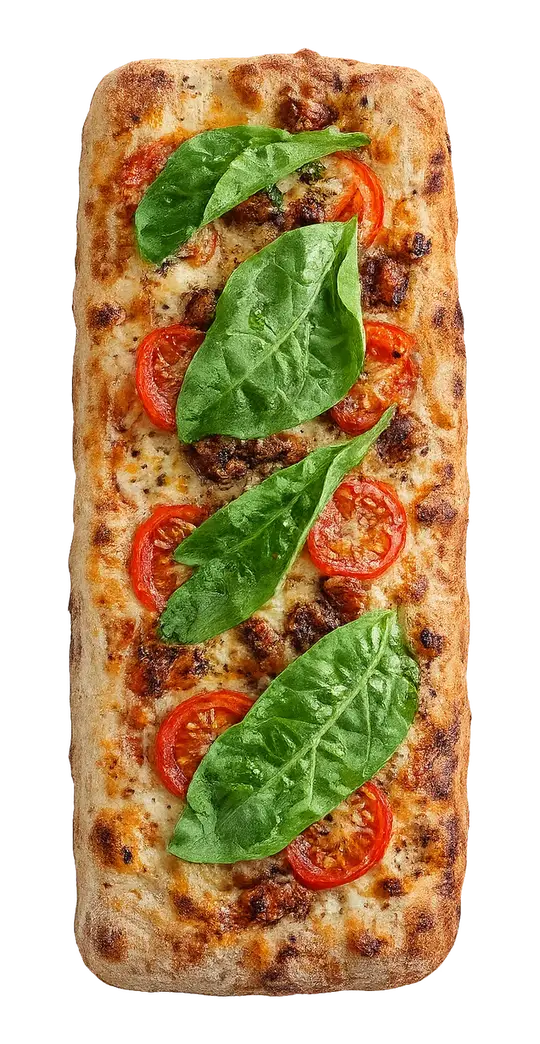 Pizza retangular DOCA Madeiro com bacon e rúcula