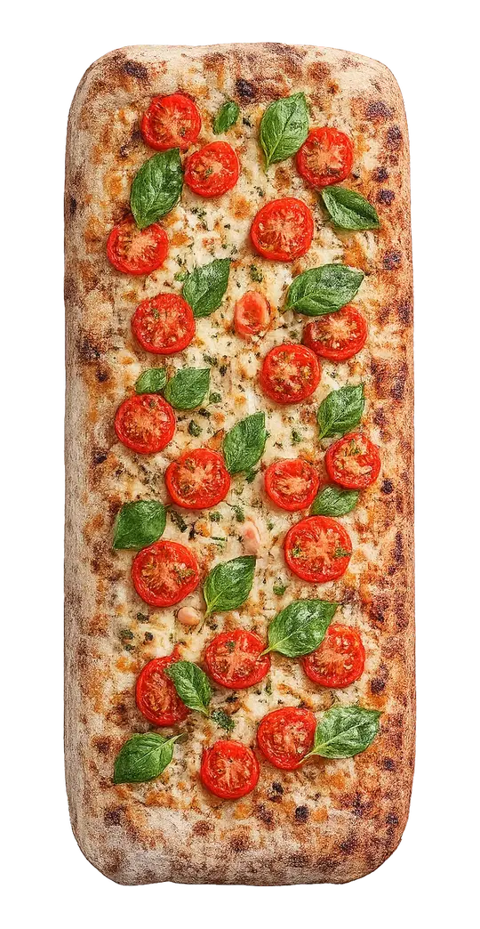 Pizza retangular DOCA sabor Nápolis com queijo, tomate e manjericão, com vapor quente