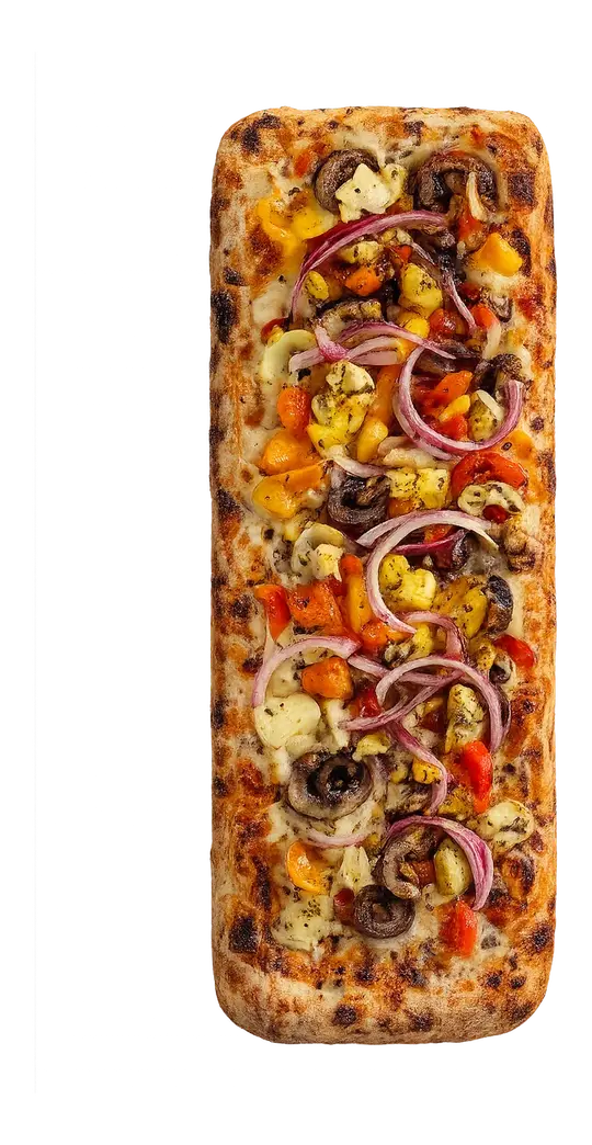 Pizza retangular DOCA Santorini vegana com pimentões, cebola, tomate, cogumelo e azeitona