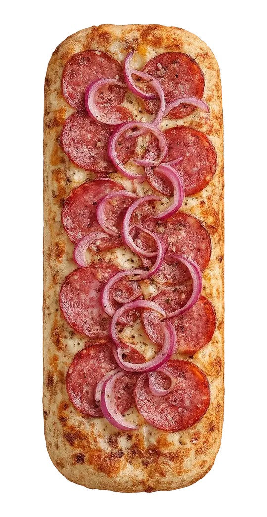 Pizza retangular DOCA Santos com calabresa com cebola