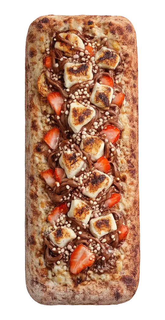 Pizza retangular doce DOCA Veneza com chocolate, morango e marshmallow