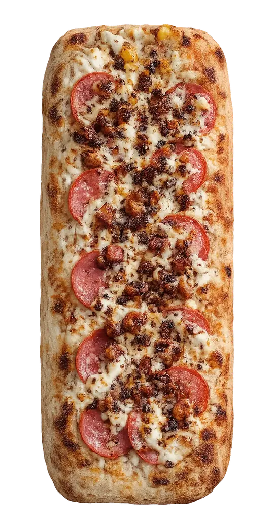 Pizza retangular DOCA Veracruz com calabresa, cream cheese, bacon e pimenta